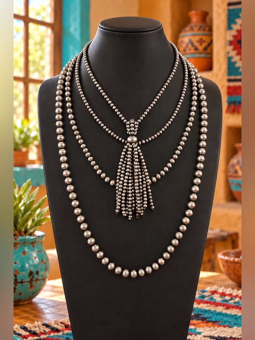 Southwest Western Navajo Pearl Inspired Tassel Beaded Costume Necklace Set